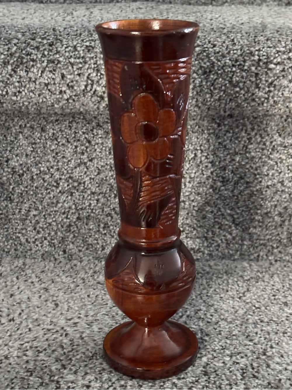 MCM Carved Wood Bud Vase Hand Carved Floral Relief Turned Baluster Foot Treen